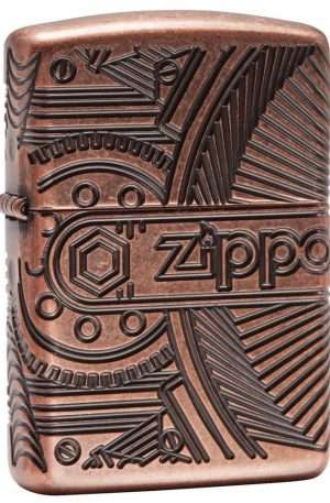 Bricheta Zippo Zippo Gears, Zippo Steampunk Gears, Deep Carve Engraving on Antique Copper Finish & Armor Case